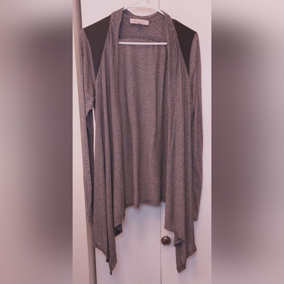 Philosophy Wrap Cardigan Gray Faux Leather Shoulder Patches Size Large Open Knit - Picture 1 of 11